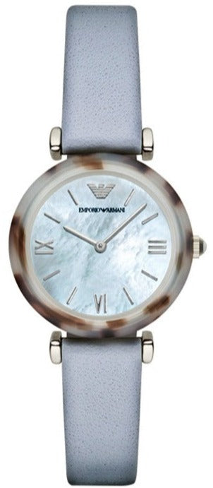 Emporio Armani White Dial Quartz Light Blue Leather Strap Watch For Women - AR11002