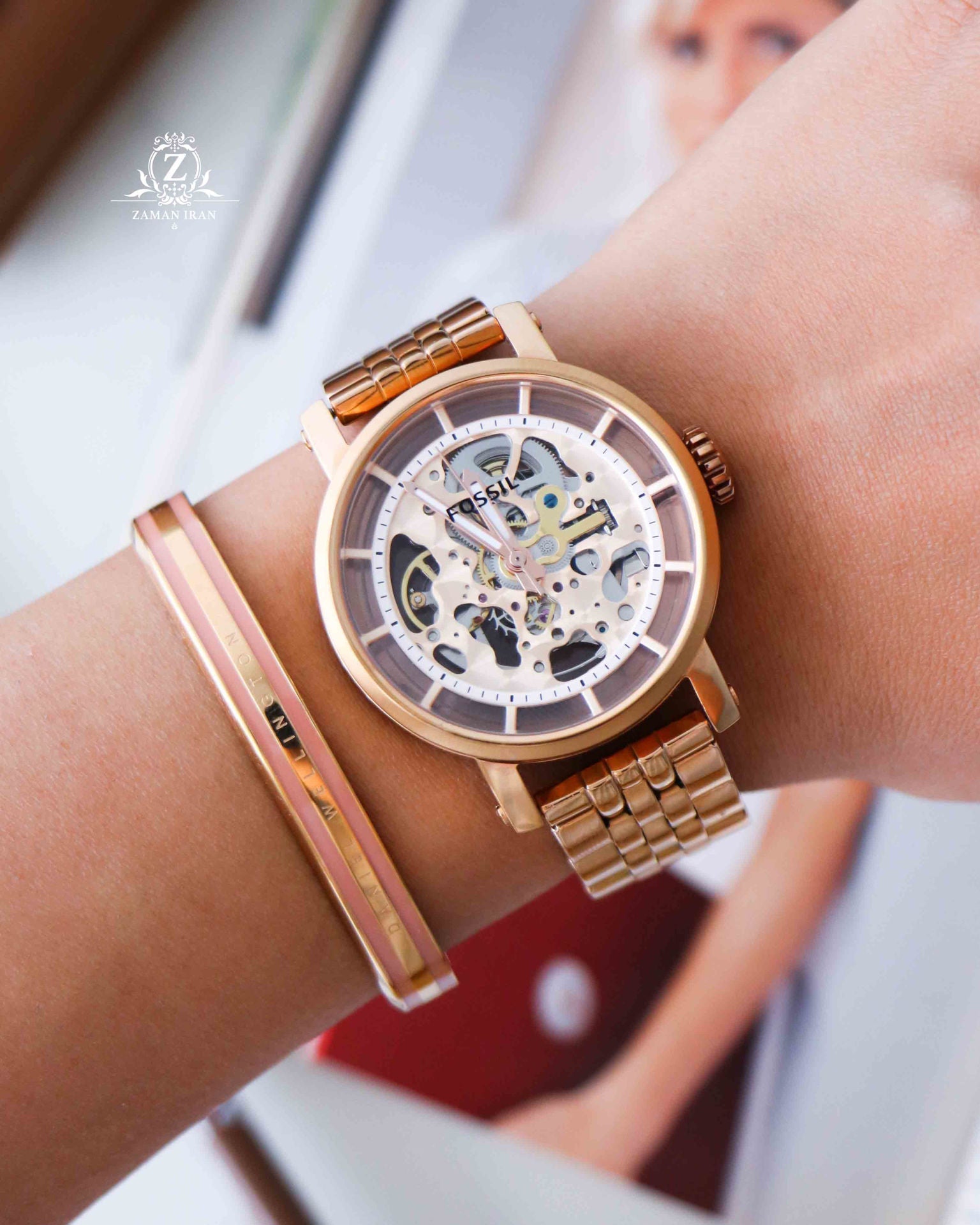 Fossil Boyfriend Automatic Skeleton Rose Gold Dial Rose Gold Steel Strap Watch for Women - ME3065