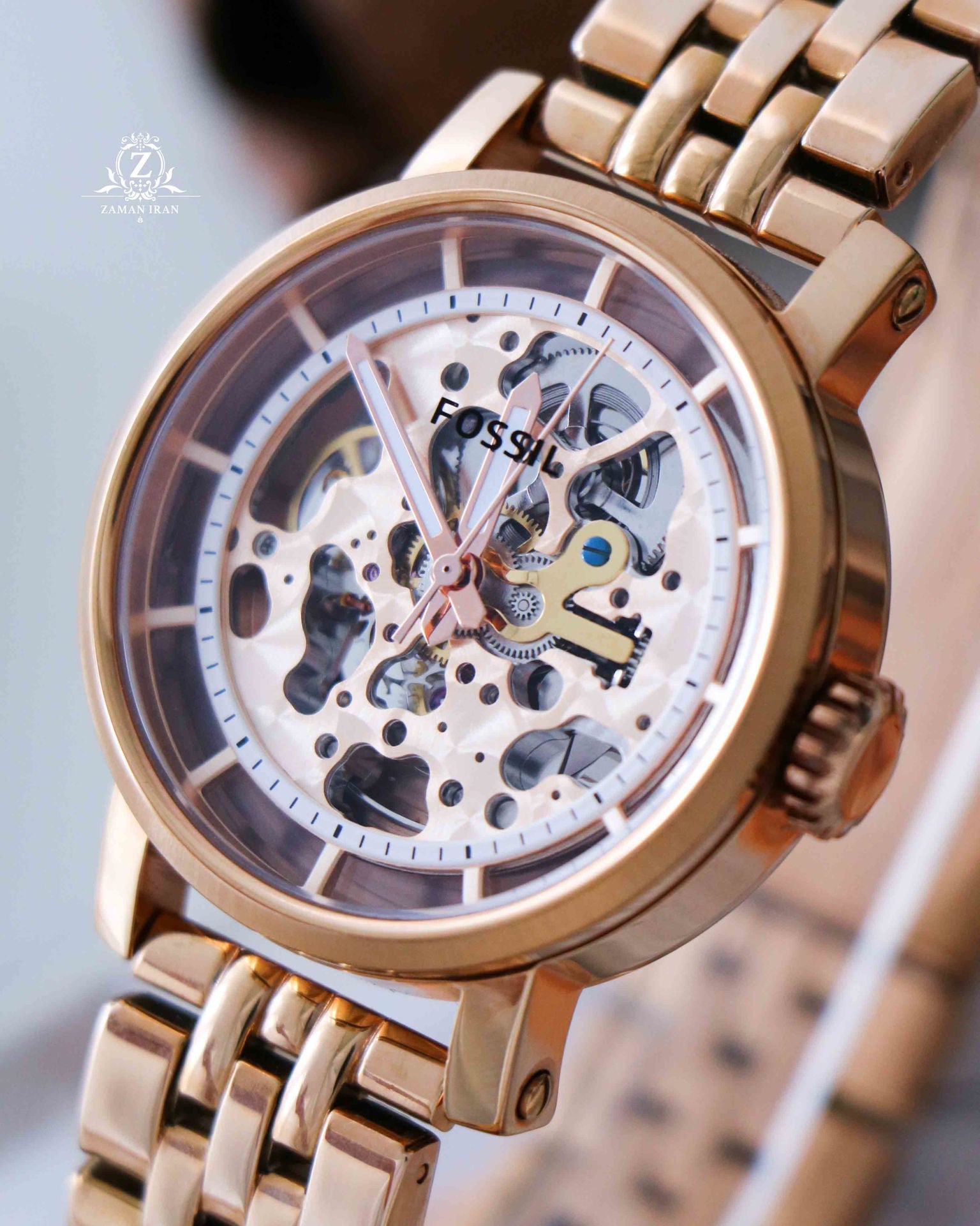 Fossil Boyfriend Automatic Skeleton Rose Gold Dial Rose Gold Steel Strap Watch for Women - ME3065