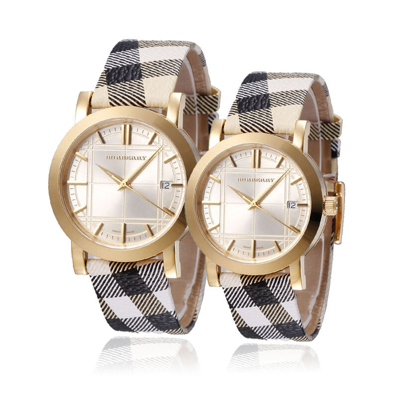 Burberry Heritage Gold Dial Beige Leather Strap Watch for Women - BU1398