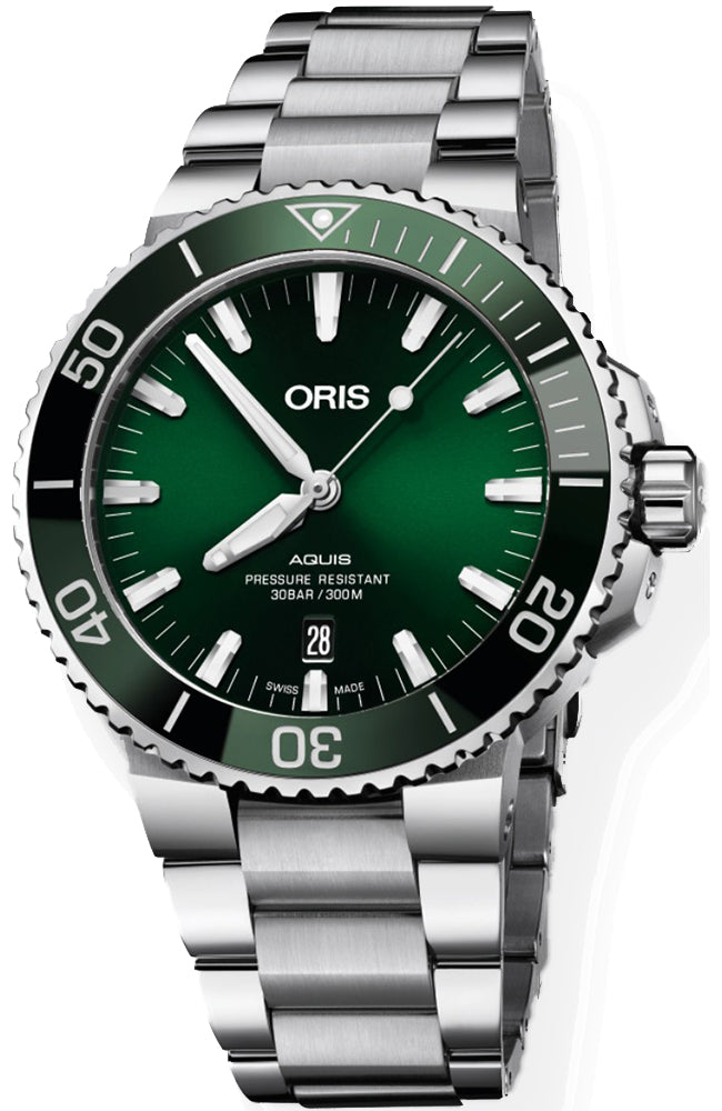 Oris Aquis Date Green Dial Silver Steel Strap Watch for Men - 0173377304157-0782405PEB