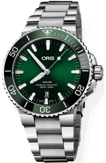 Oris Aquis Date Green Dial Silver Steel Strap Watch for Men - 0173377304157-0782405PEB