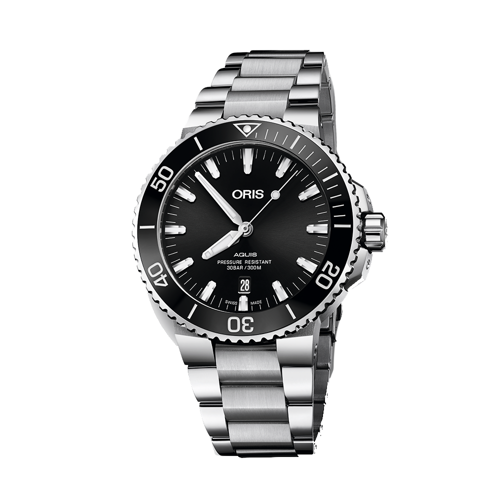 Oris Aquis Date Black Dial Silver Steel Strap Watch for Men - 0173377304134-0782405PEB