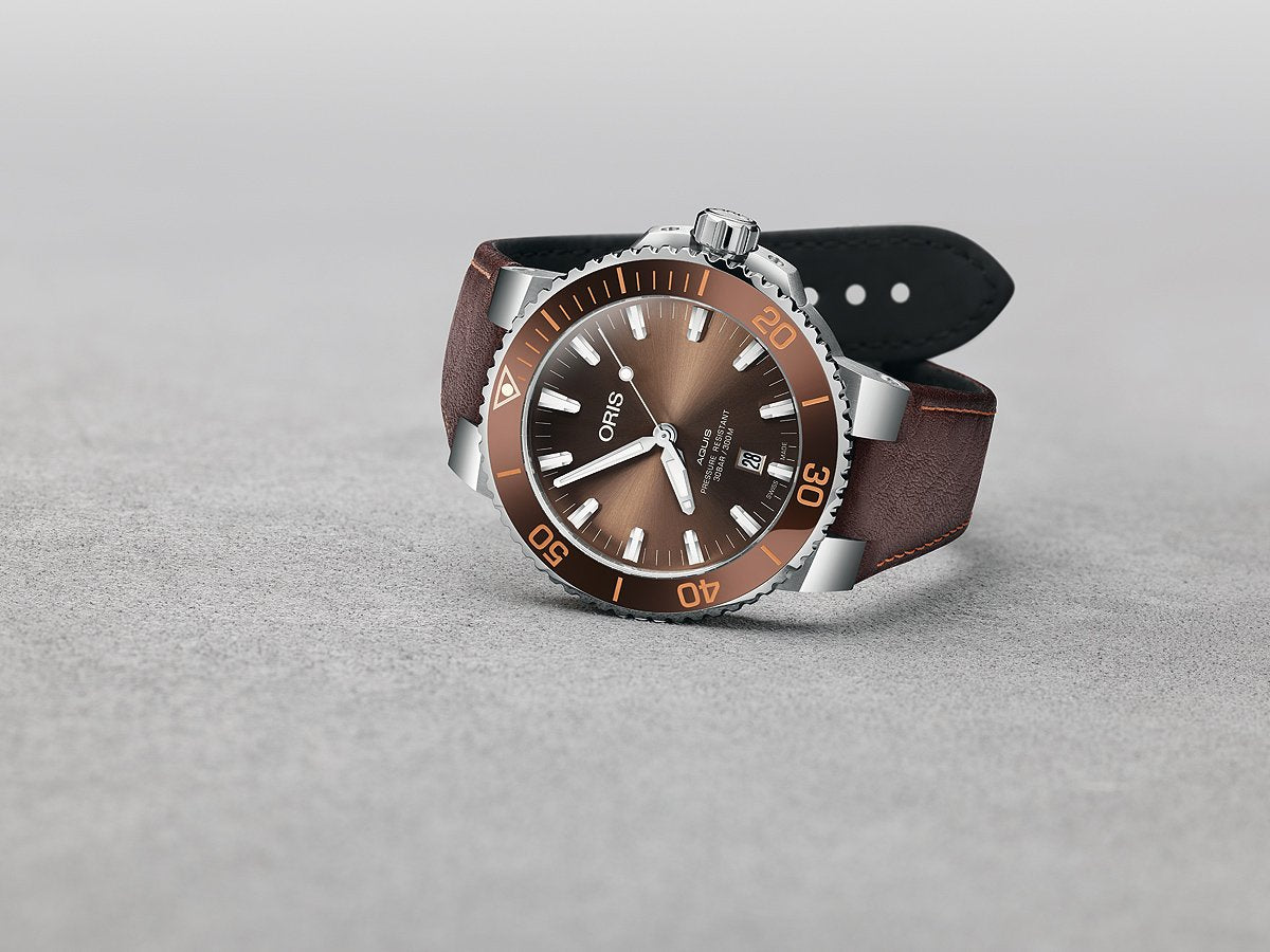 Oris Aquis Date Brown Dial Brown Leather Strap Watch for Men - 0173377304152-0752412EB