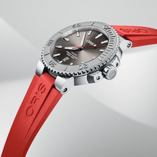 Oris Aquis Date Relief Grey Dial Red Rubber Strap Watch for Men - 0173377304153-0742466EB