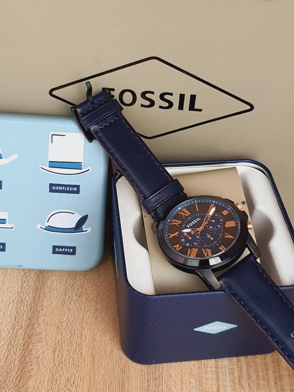 Fossil Grant Chronograph Black Dial Blue Leather Strap Watch for Men - FS5061