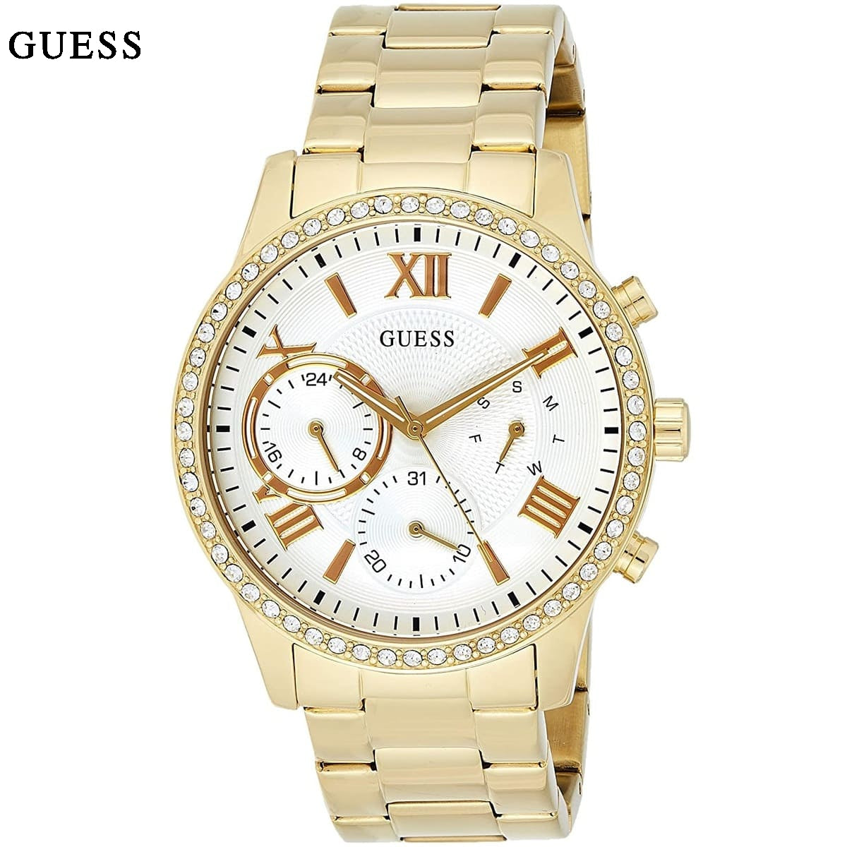 Guess Solar Chronograph Diamonds White Dial Gold Steel Strap Watch for Women - W1069L2