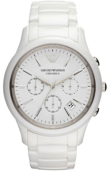 Emporio Armani Ceramica Chronograph White Dial White Steel Strap Watch For Men - AR1453