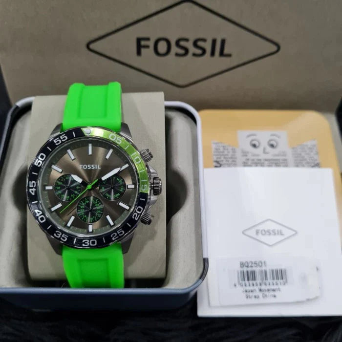 Fossil Bannon Chronograph Grey Dial Green Silicone Strap Watch for Men - BQ2501