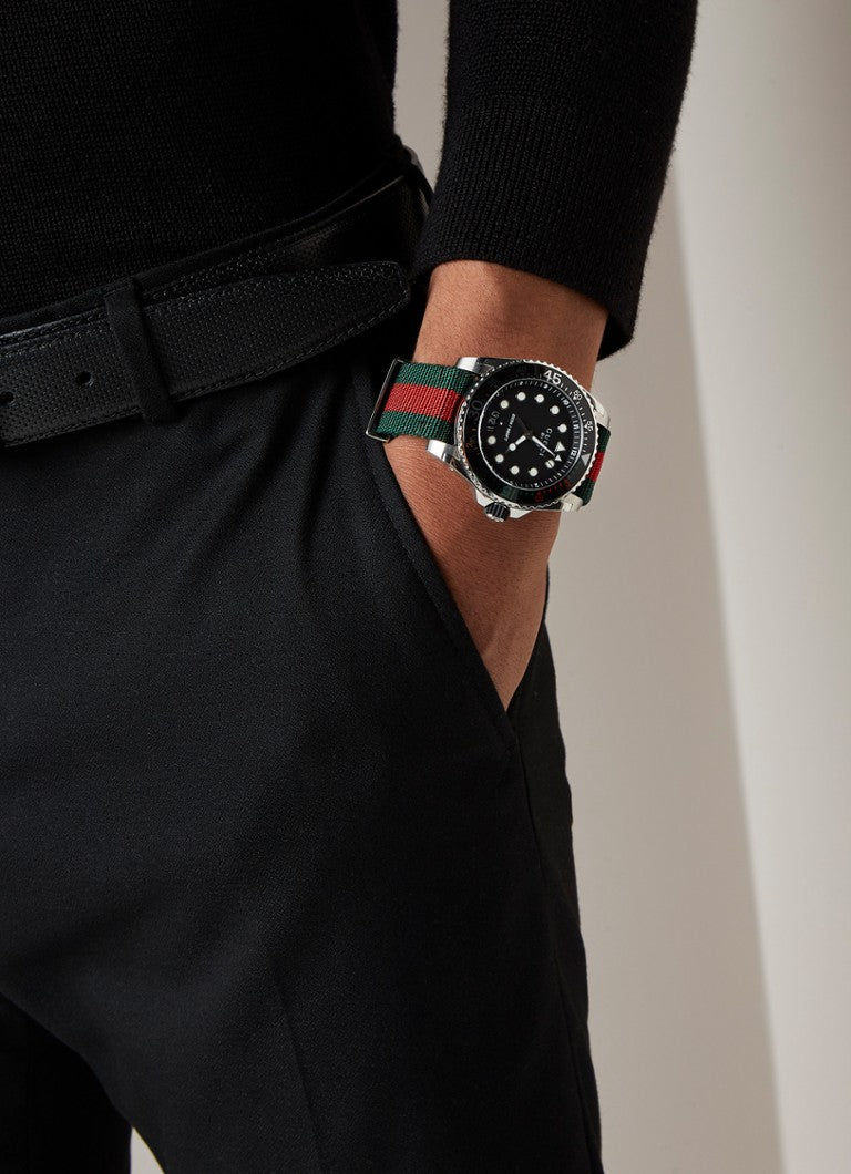 Gucci Dive Quartz Black Dial Two Tone Nylon Strap Watch For Men - YA136209