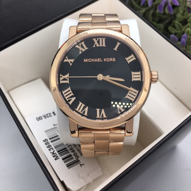 Michael Kors Noire Black Dial Rose Gold Steel Strap Watch for Women - MK3585