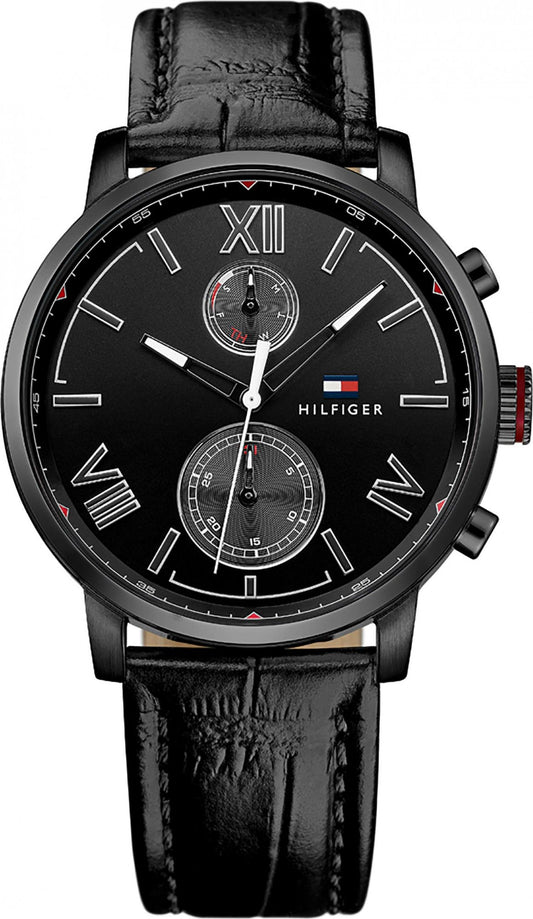 Tommy Hilfiger Alden Chronograph Black Dial Black Leather Strap Watch for Men - 1791310