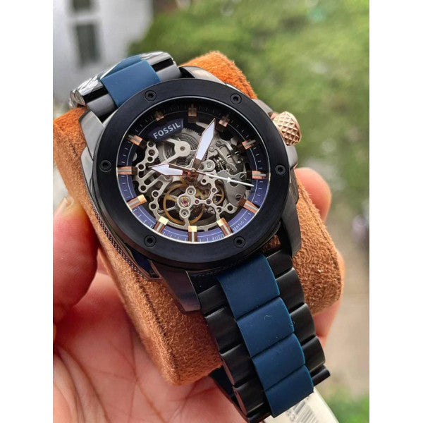 Fossil Modern Machine Automatic Skeleton Blue Dial Two Tone Steel Strap Watch for Men - ME3133