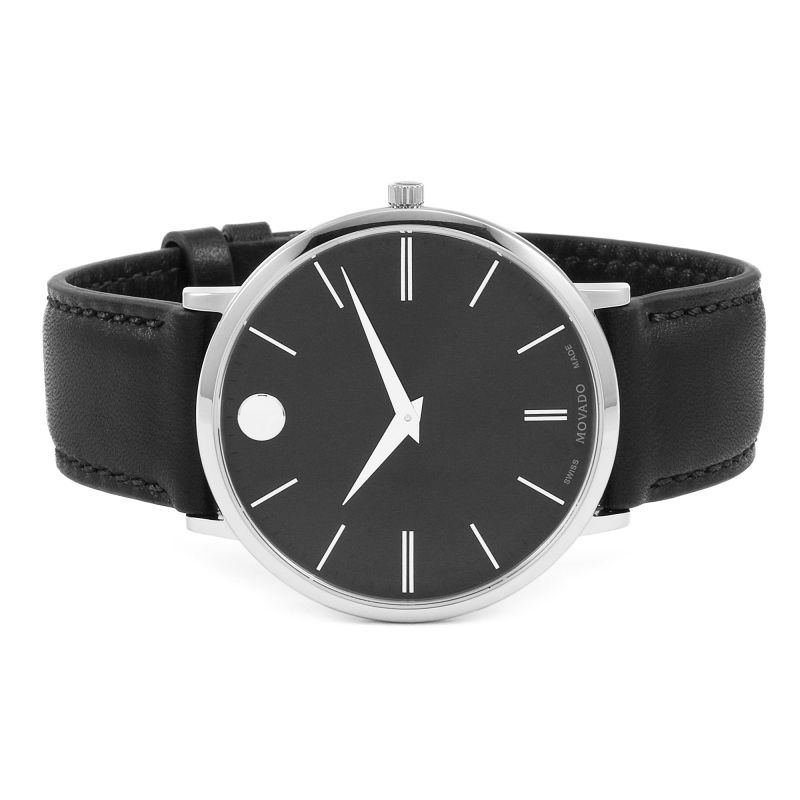 Movado Ultra Slim Black Dial Black Leather Strap Watch For Men - 0607086