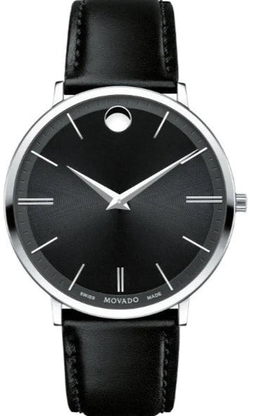 Movado Ultra Slim Black Dial Black Leather Strap Watch For Men - 0607086