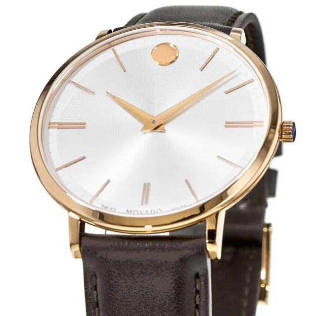 Movado Ultra Slim White Dial Brown Leather Strap Watch For Men - 0607089