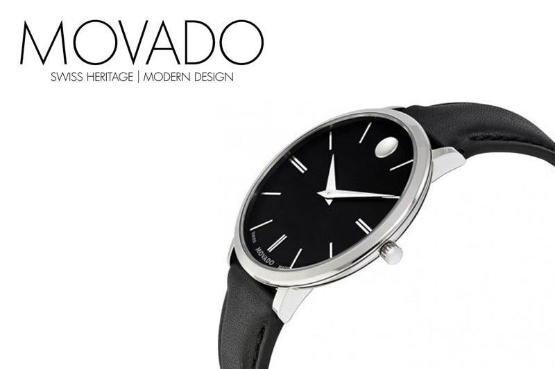 Movado Ultra Slim Black Dial Black Leather Strap Watch For Women - 0607090
