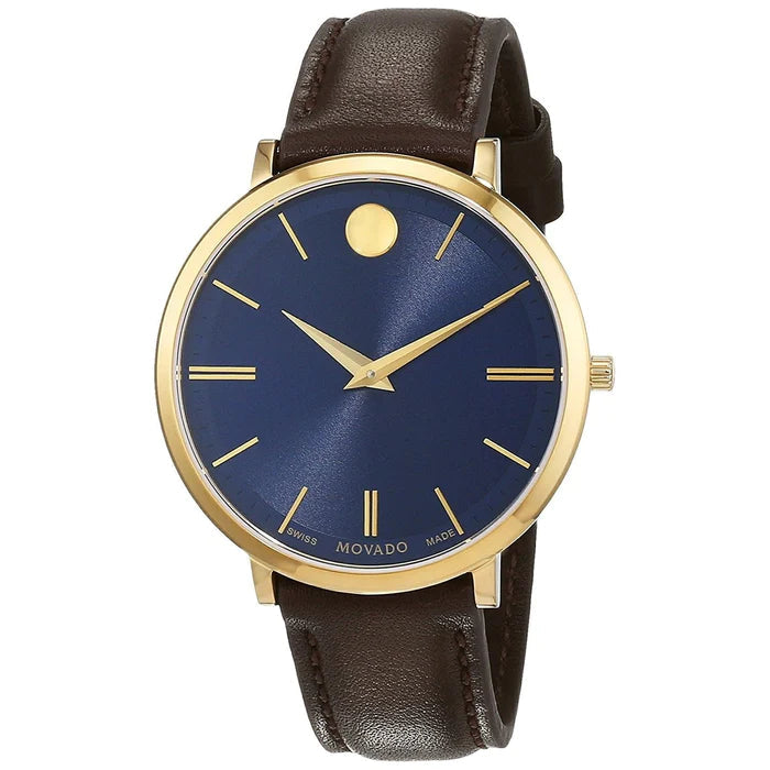 Movado Ultra Slim Blue Dial Brown Leather Strap Watch For Women - 0607092