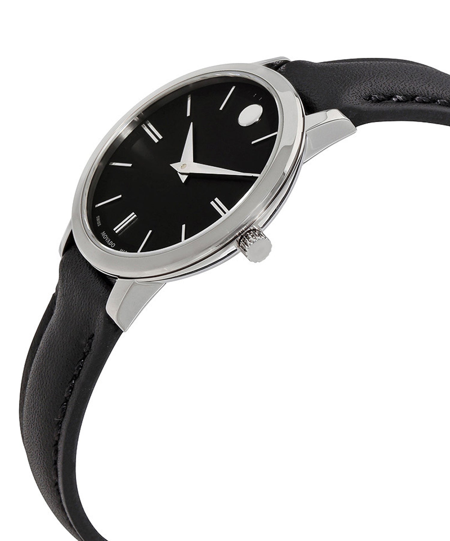 Movado Ultra Slim Black Dial Black Leather Strap Watch For Women - 0607094