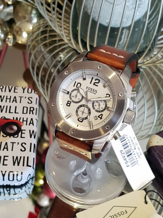 Fossil Modern Machine White Dial Brown Leather Strap Watch for Men - FS4929