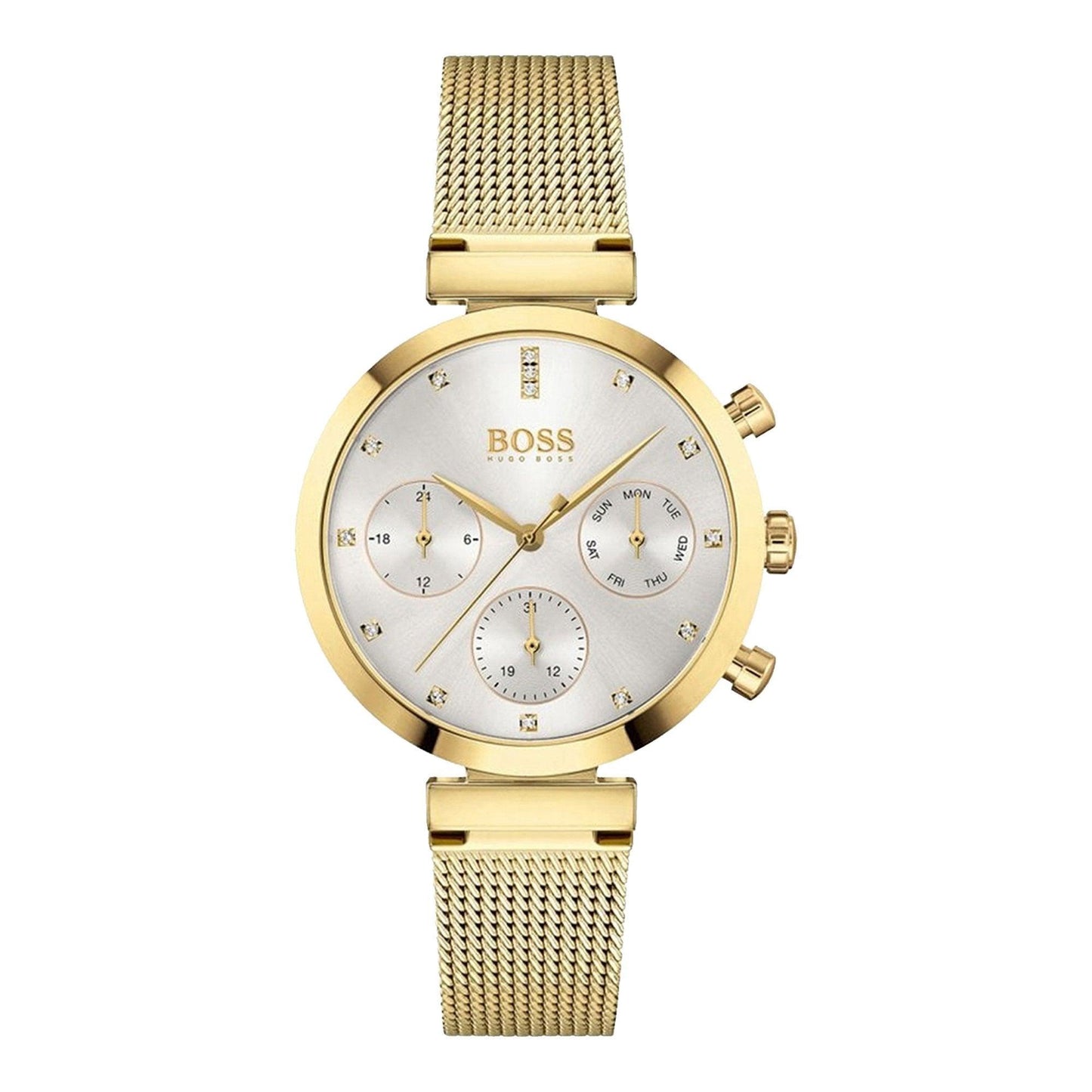 Hugo Boss Flawless Chronograph Silver Dial Gold Mesh Bracelet Watch for Women - 1502552