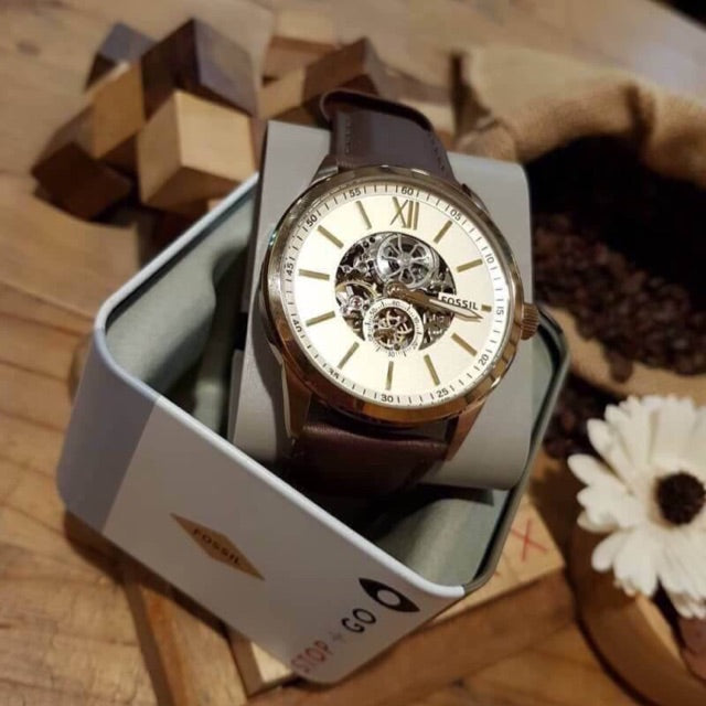 Fossil Flynn Mechanical Skeleton Beige Dial Brown Leather Strap Watch for Men - BQ2215