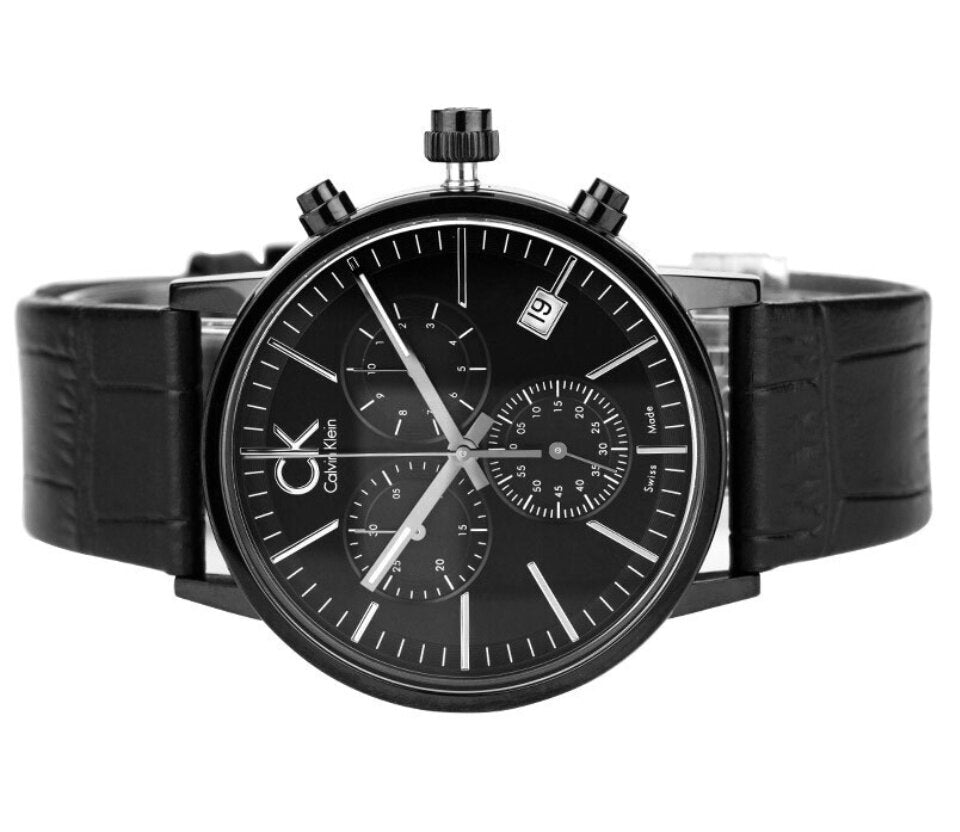 Calvin Klein Post Minimal Chronograph Black Dial Black Leather Strap Watch for Men - K7627401