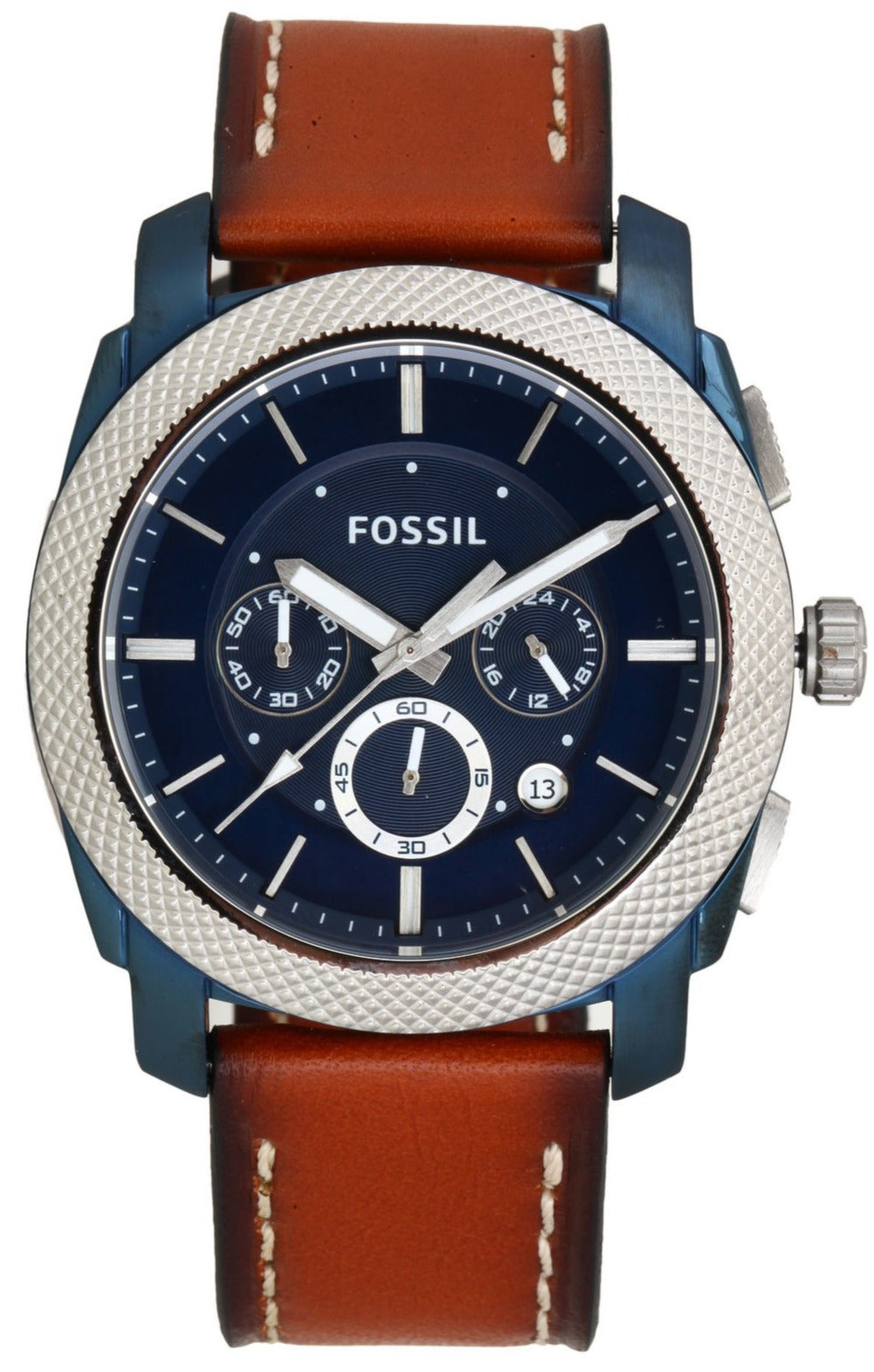 Fossil Machine Chronograph Blue Dial Brown Leather Strap Watch for Men - FS5232