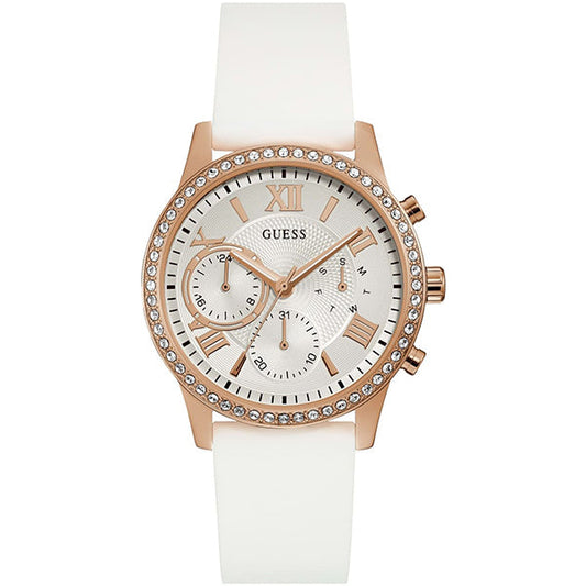 Guess Solar Rose Gold White Dial White Rubber Strap Watch For Women - W1135L1