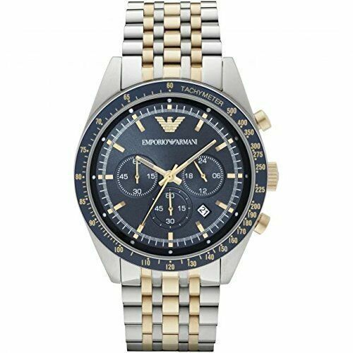 Emporio Armani Tazio Chronograph Blue Dial Two Tone Steel Strap Watch For Men - AR6088