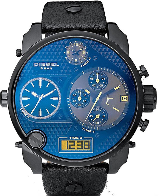 Diesel Big Daddy Blue Dial Black Leather Strap Watch For Men - DZ7127