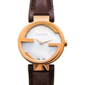 Gucci Interlocking Mother of Pearl Dial Brown Leather Strap Watch For Women - YA133516