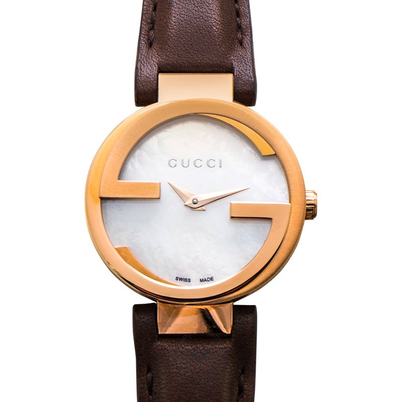 Gucci Interlocking Mother of Pearl Dial Brown Leather Strap Watch For Women - YA133516