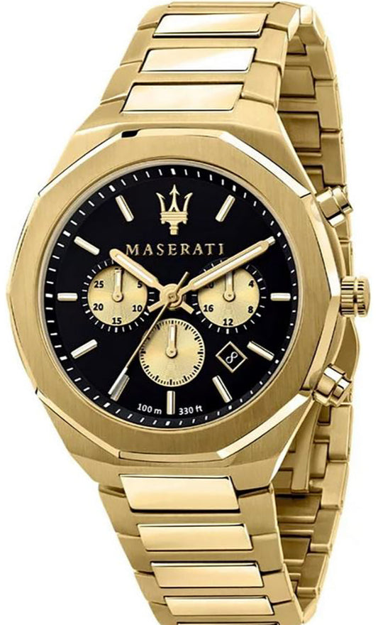 Maserati Stile 45mm Chronograph Black Dial Gold Stainless Steel Strap Watch For Men - R8873642001