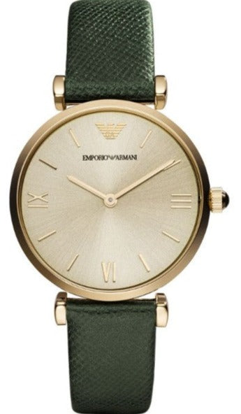 Emporio Armani Retro Champagne Beige Dial Green Leather Strap Watch For Women - AR1726