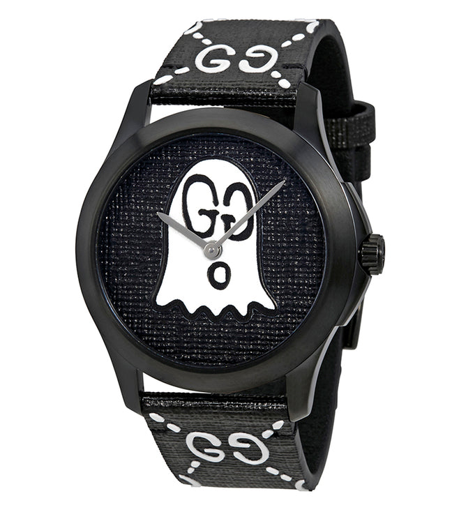 Gucci G Timeless Ghost Motif Black Dial Black Rubber Strap Watch For Men - YA1264018