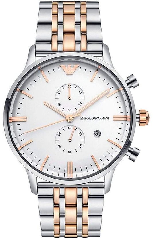 Emporio Armani Chronograph White Dial Two Tone Steel Strap Watch For Men - AR0399