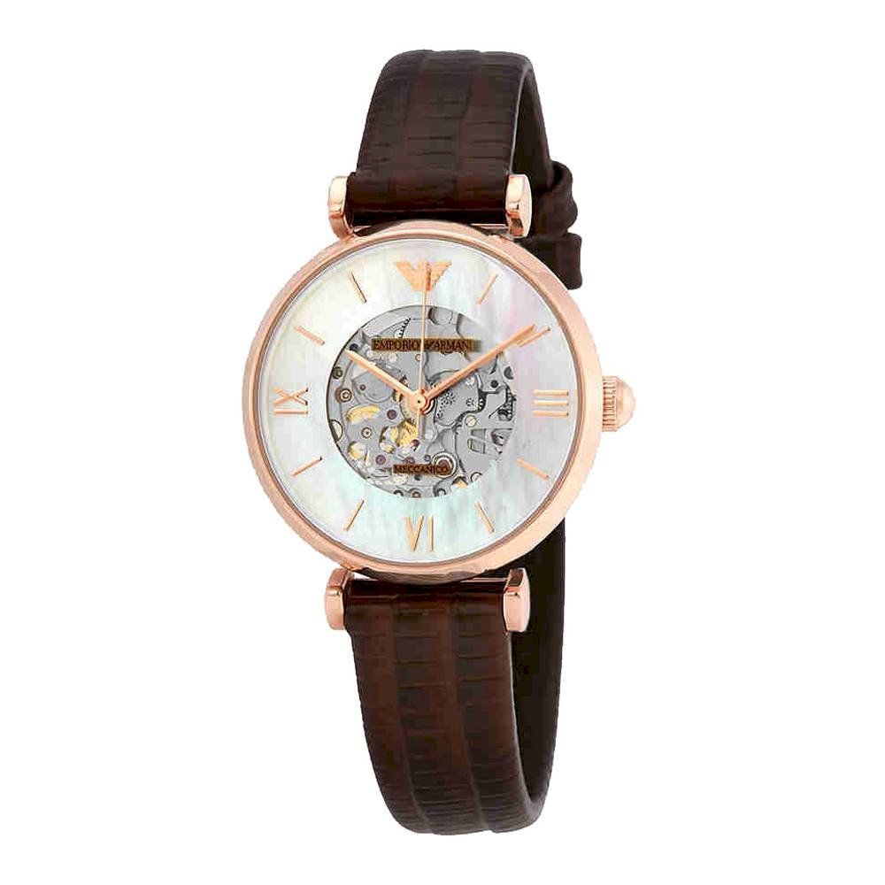 Emporio Armani Meccanico Mother of Pearl Skeleton Dial Brown Leather Strap Watch For Women - AR1993