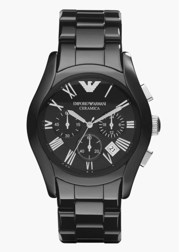 Emporio Armani Valente Chronograph Ceramic Black Dial Black Steel Strap Watch For Men - AR1400