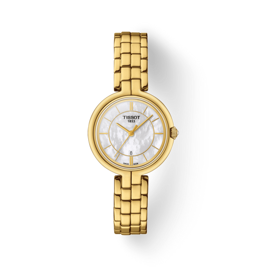 Tissot Flamingo 26mm Mother of Pearl Dial Gold Stainless Steel Strap Watch For Women - T094.210.33.111.00