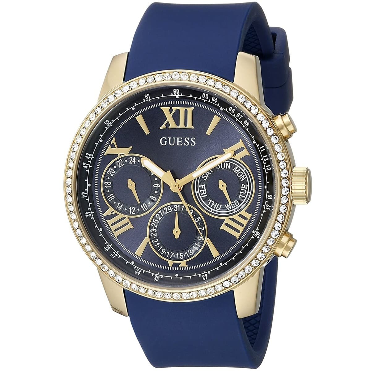 Guess Sunrise Blue Dial with Diamonds Blue Rubber Strap Watch For Women - W0616L2