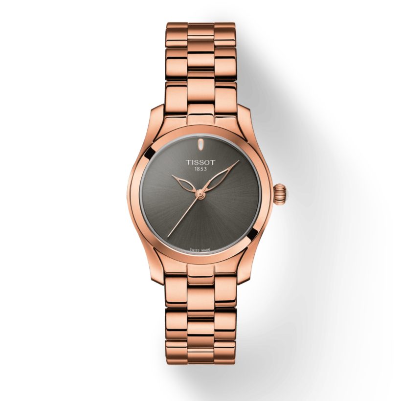 Tissot T Wave Anthracite Dial Rose Gold Steel Strap Watch For Women - T112.210.33.061.00