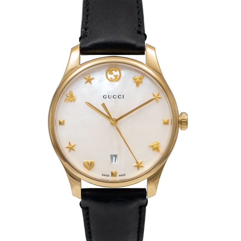 Gucci G-Timeless Quartz Mother of Pearl Dial Black Leather Strap Watch For Women - YA1264044