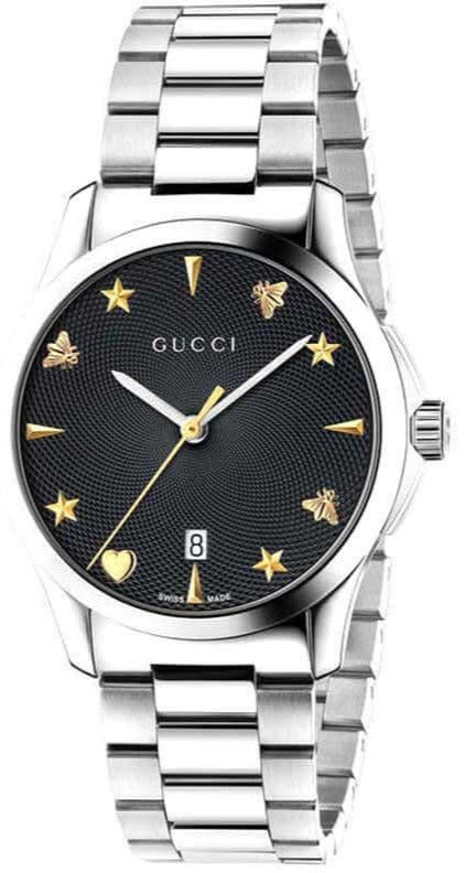 Gucci G Timeless Black Dial Silver Steel Strap Watch For Women - YA1264029A