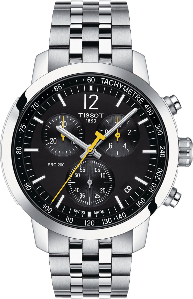 Tissot PRC 200 Chronograph Black Dial Silver Steel Strap Watch For Men - T114.417.11.057.00