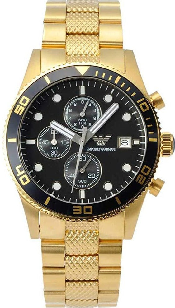 Emporio Armani Chronograph Black Dial Gold Steel Strap Watch For Men - AR5857