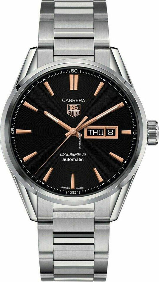 Tag Heuer Carrera Calibre 5 Automatic Black Dial Silver Steel Strap Watch for Men - WAR201C.BA0723