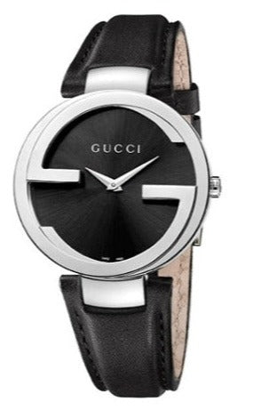 Gucci G Lock Interlocking Quartz Black Dial Black Leather Strap Watch For Women - YA133501