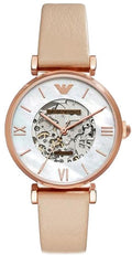 Emporio Armani Meccanico Skeleton Silver Dial Beige Leather Strap Watch For Women - AR60001