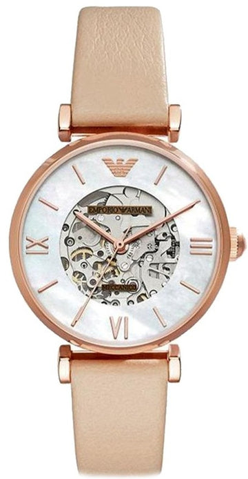 Emporio Armani Meccanico Skeleton Silver Dial Beige Leather Strap Watch For Women - AR60001